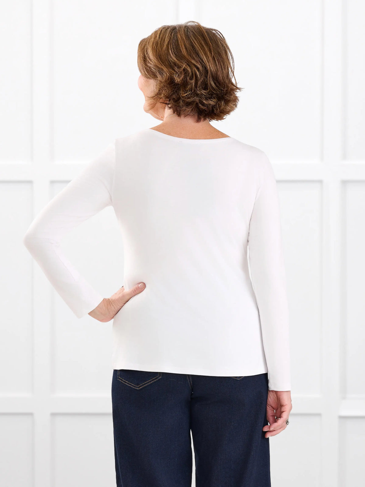 Liv v neck long sleeve top for women in White white on model Donna, size S Regular @Donna-S-regular 