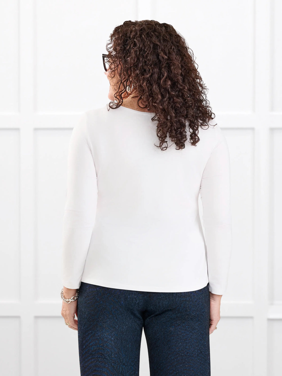 Liv v neck long sleeve top for women in White white on model Kerri, size M Petite @Kerri-M-petite 