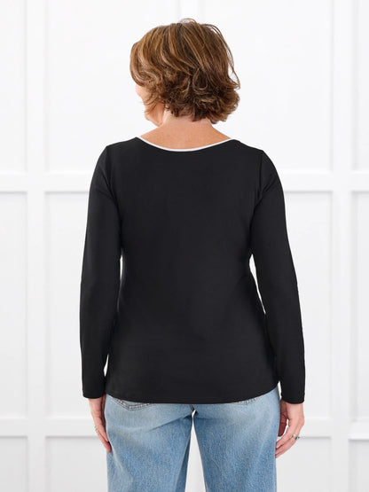 Liv v neck long sleeve top for women in Black white on model Donna, size S Regular @Donna-S-regular 