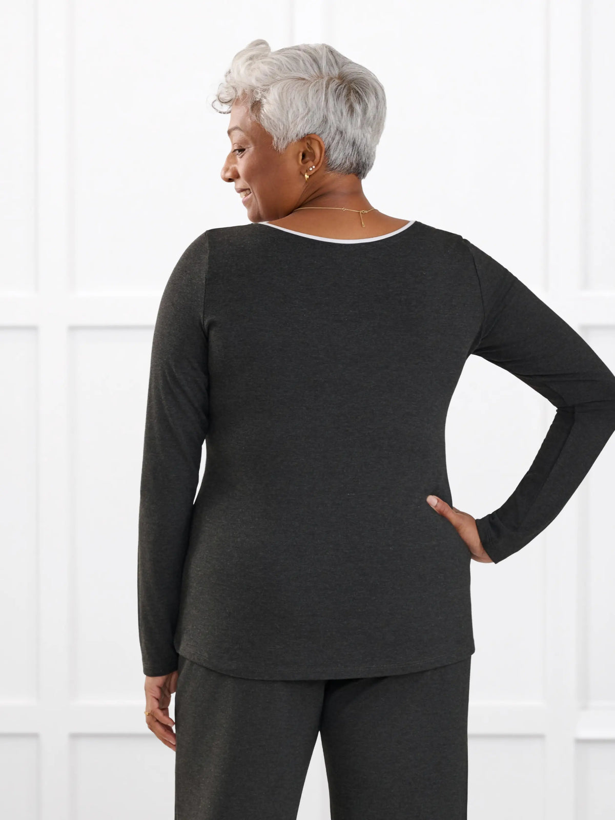 Liv v neck long sleeve top for women in Charcoal white on model Keethai, size M Regular @Keethai-M-regular 
