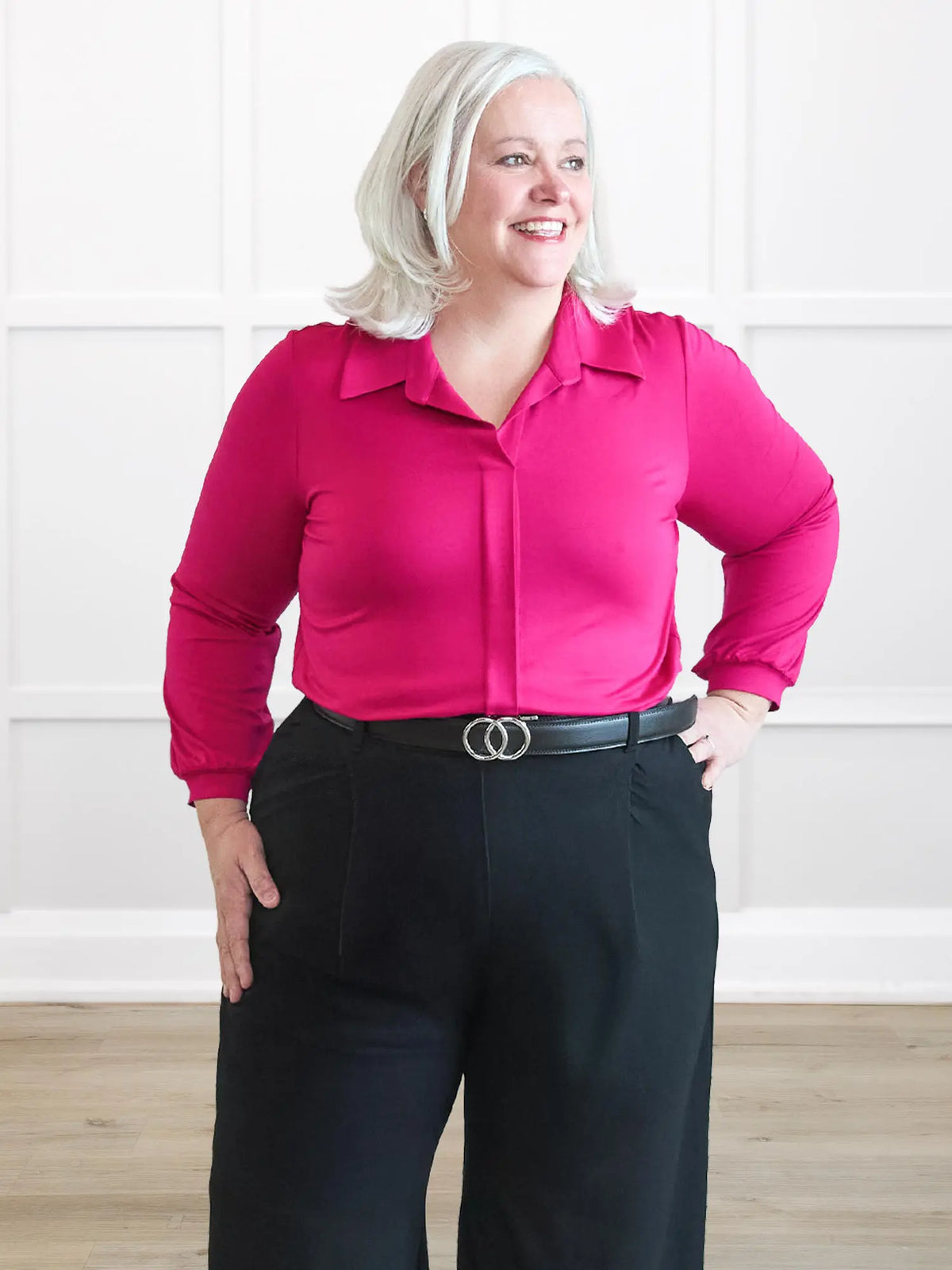 Lucia collared shirt 00 in Dragon fruit on model Colleen, size XXL Petite @Colleen-XXL-petite 