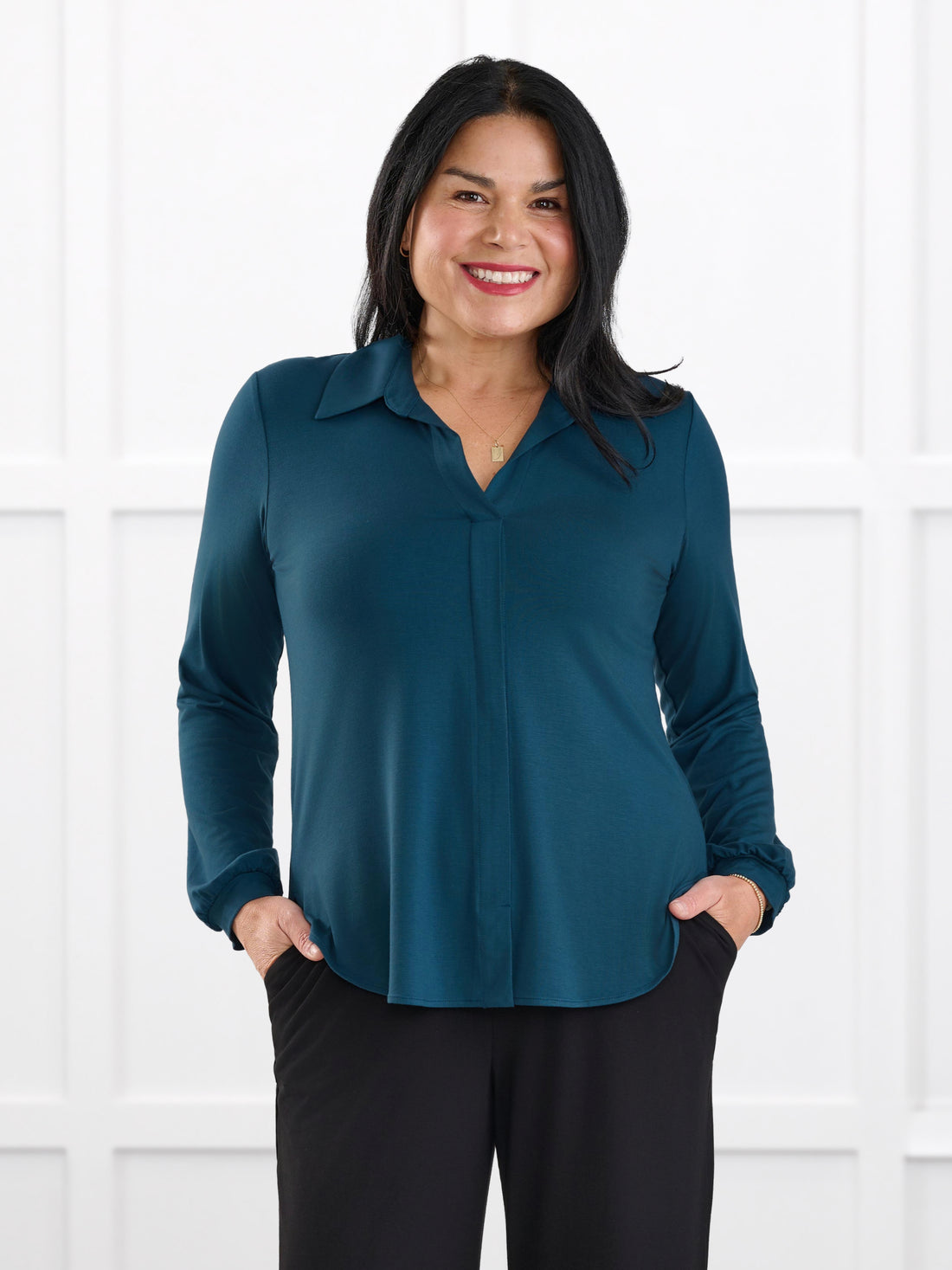 Lucia collared shirt for women in Atlantic on model Jenn, size M Regular @Jenn-M-regular 