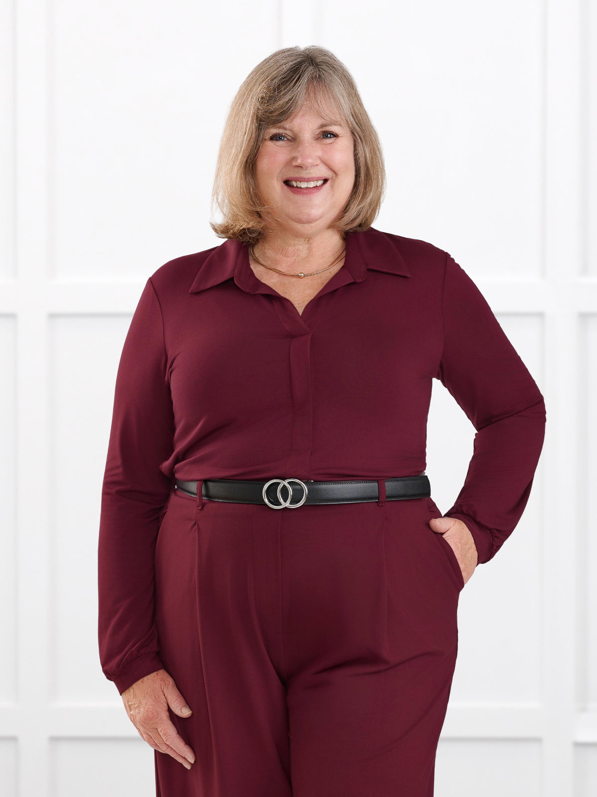 Lucia collared shirt for women in Merlot on model Laurie, size XXL Petite @Laurie-XXL-petite 