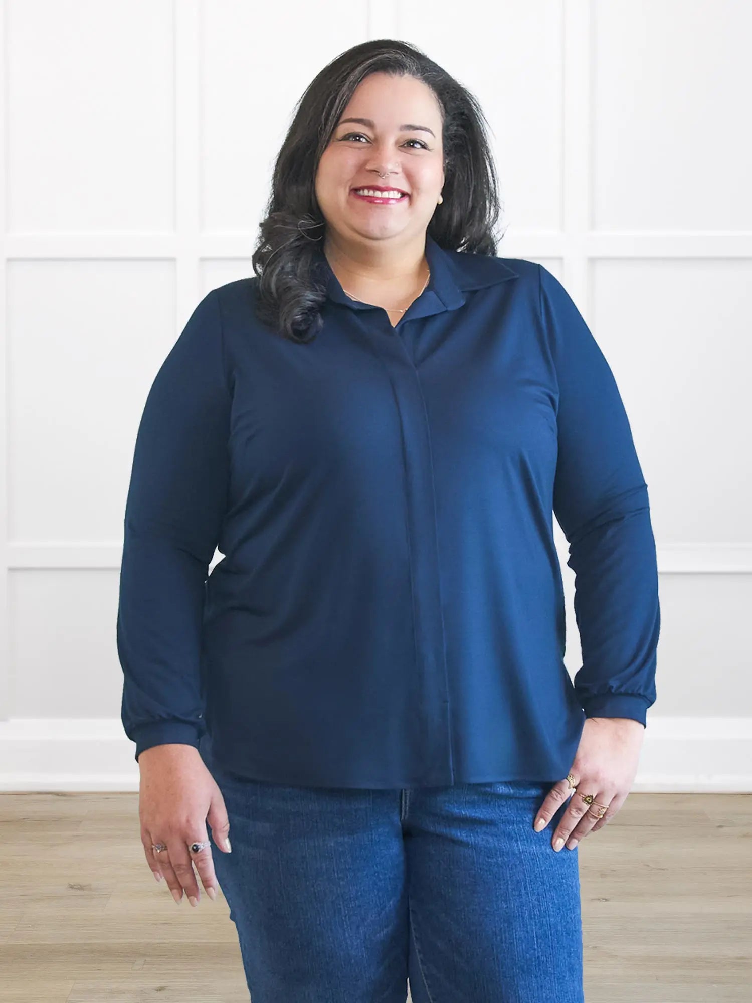 Lucia collared shirt for women in Navy on model Sarita, size 2X @Sarita-2x 