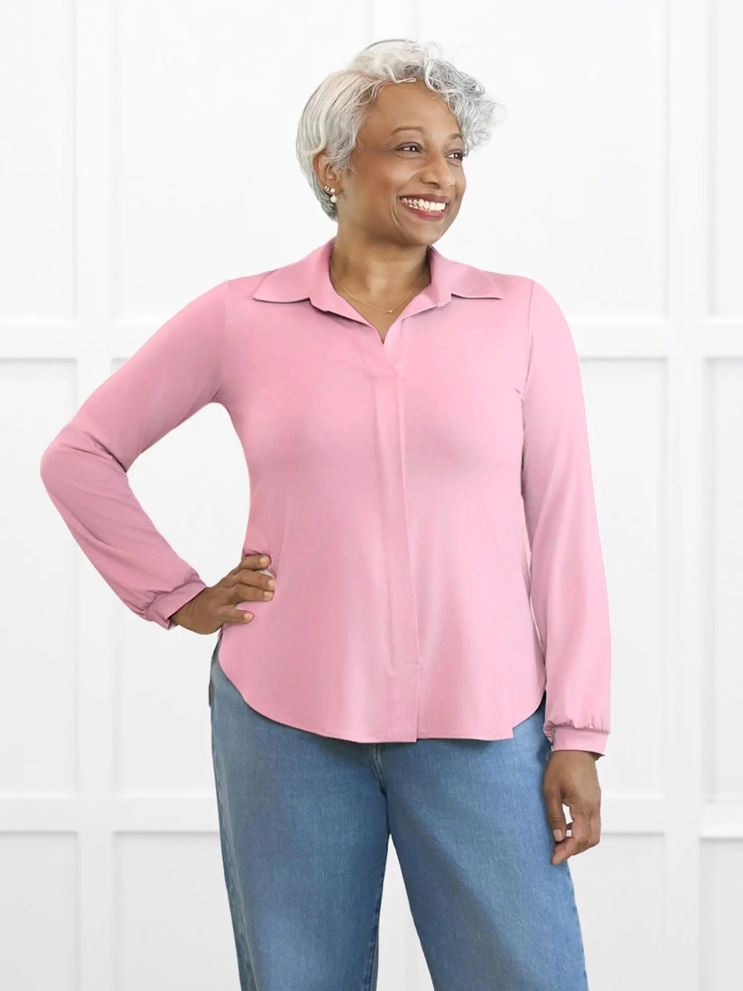 Lucia collared shirt for women in Rosebud on model Keethai, size M Regular @Keethai-M-regular 