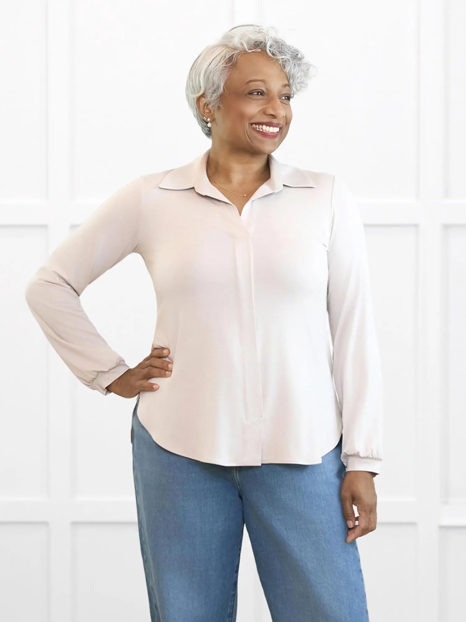 Lucia collared shirt for women 00 in Sandstone on model Keethai, size M Regular @Keethai-M-regular 