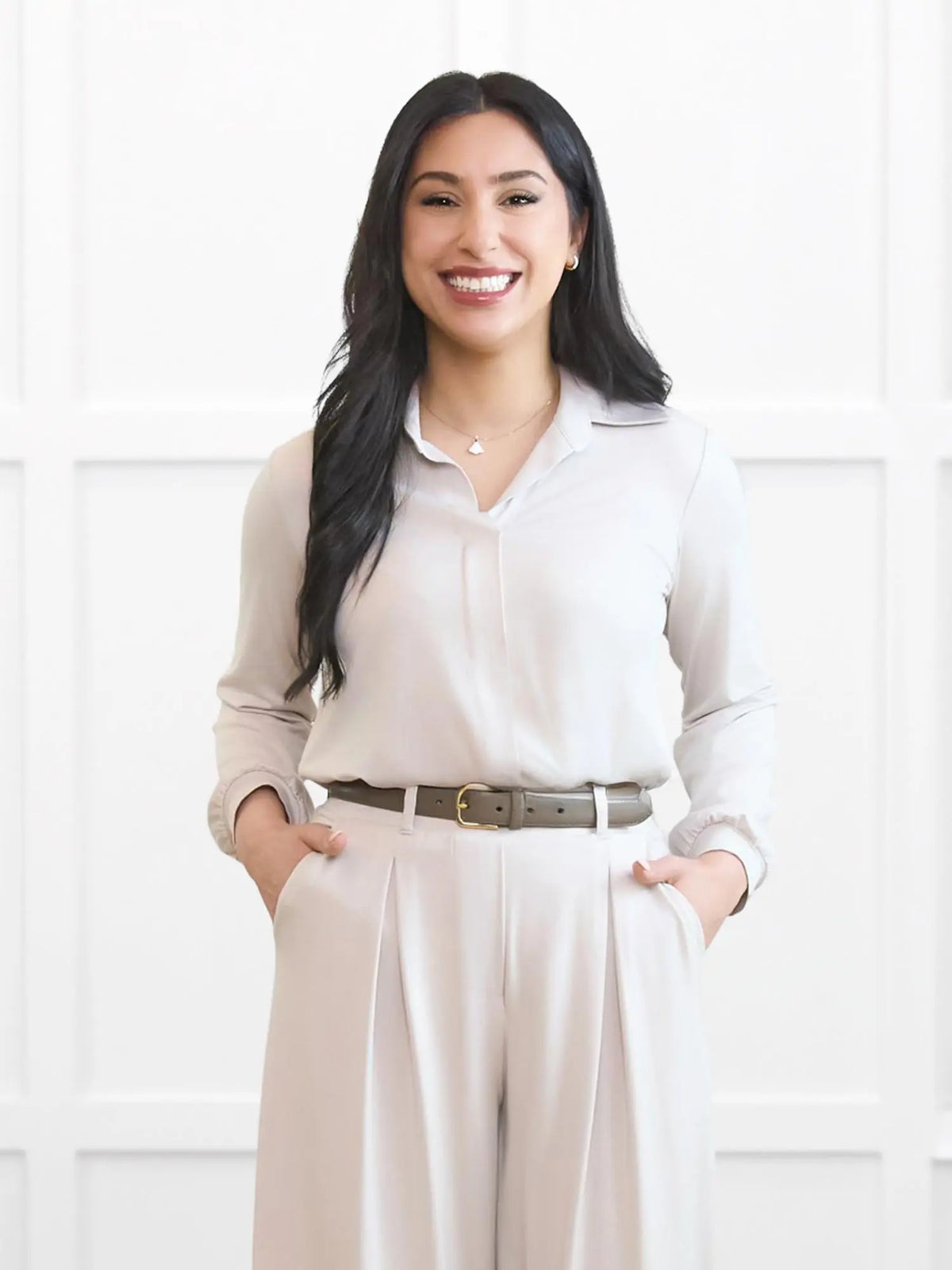Lucia collared shirt for women 00 in Sandstone on model Yasmine, size XS Petite @Yasmine-XS-petite 