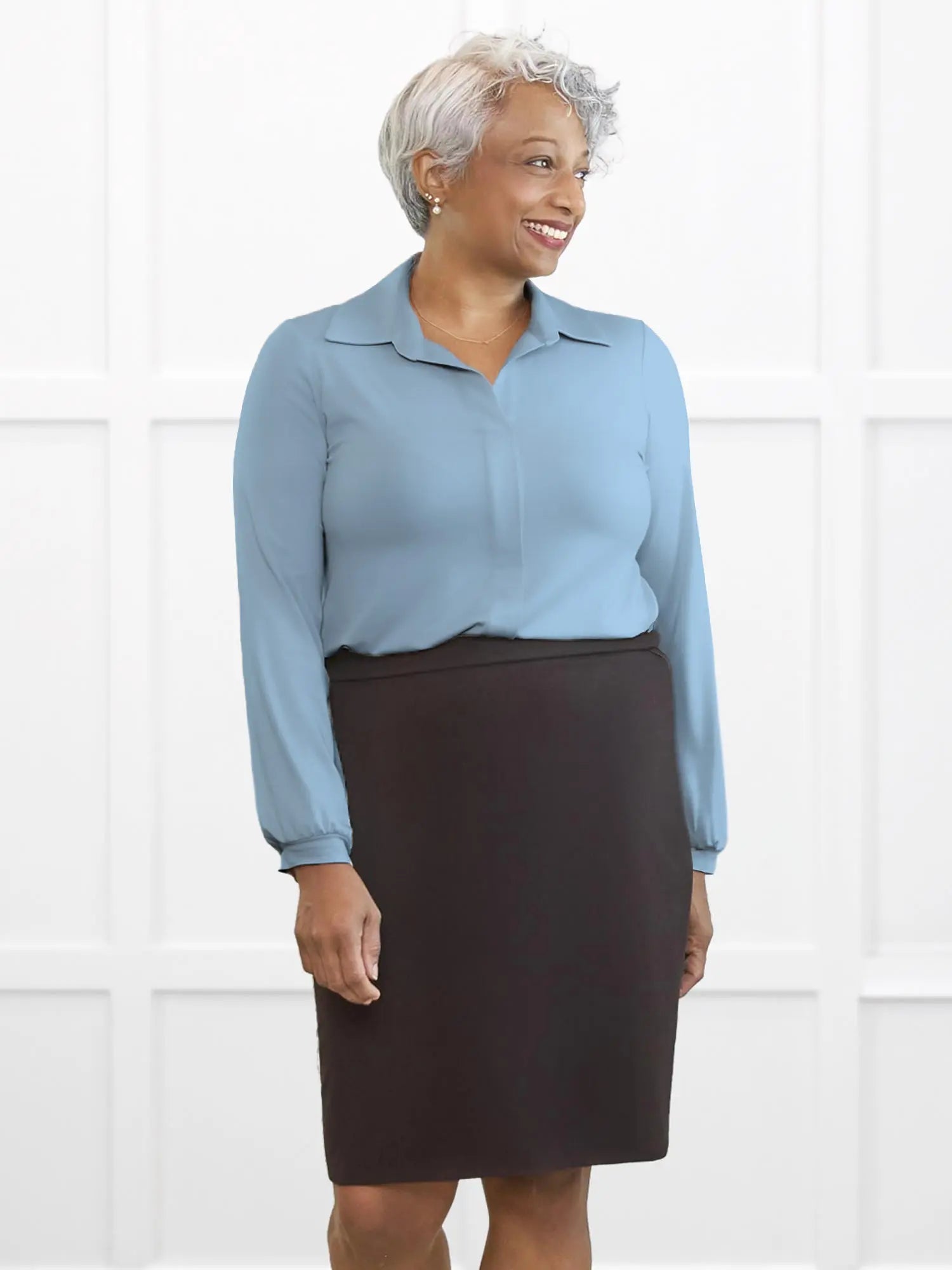 Lucia collared shirt for women in Steel blue on model Keethai, size M Regular @Keethai-M-regular 