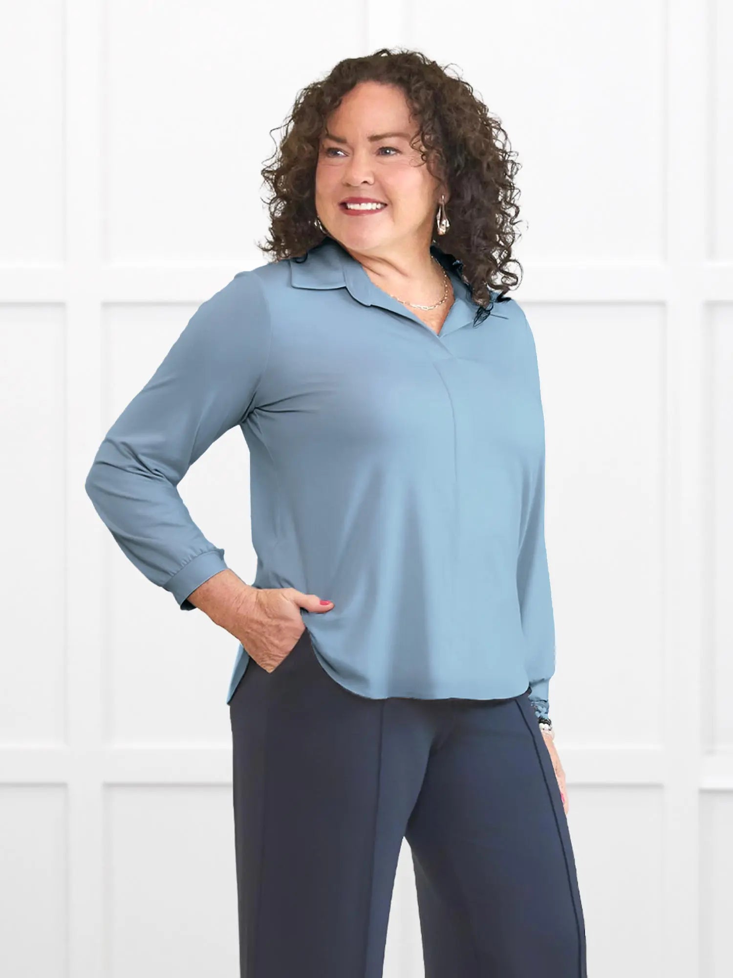 Lucia collared shirt for women in Steel blue on model Kerri, size M Petite @Kerri-M-petite 