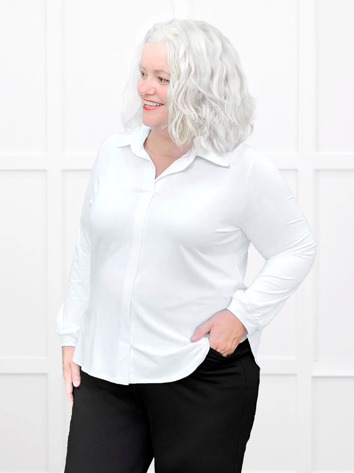 Lucia collared shirt for women in White on model Colleen, size XXL Petite @Colleen-XXL-petite 