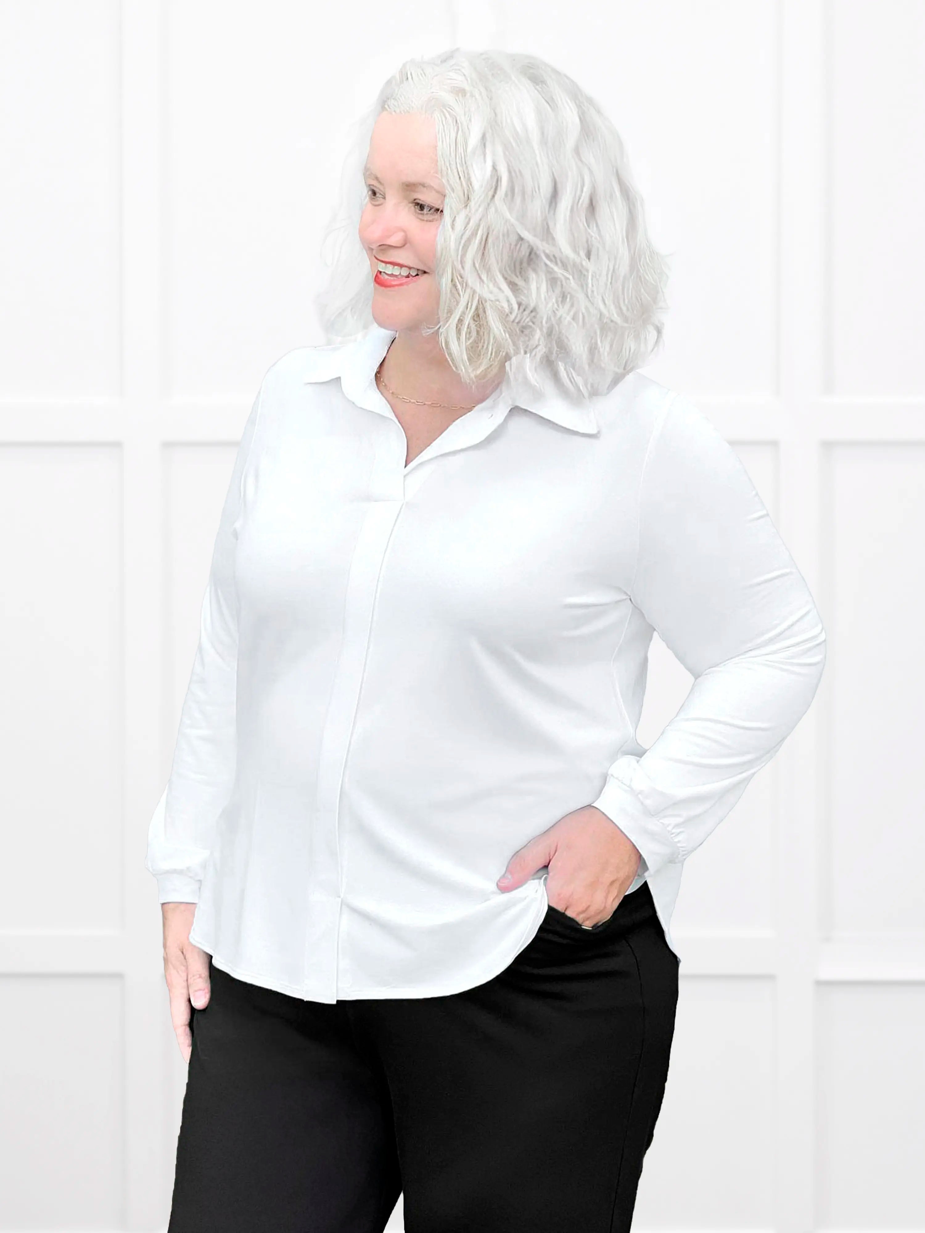 Lucia collared shirt for women in White on model Colleen, size XXL Petite @Colleen-XXL-petite 