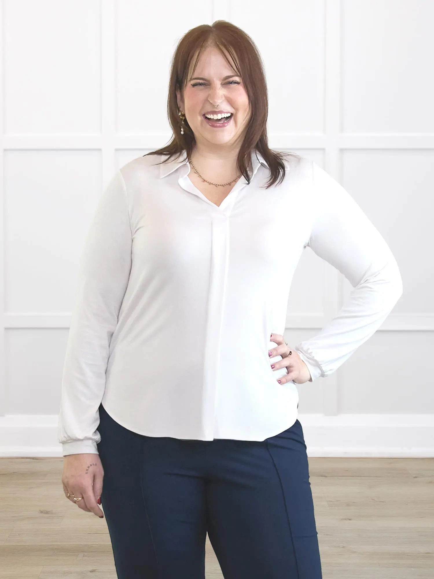 Lucia collared shirt for women in White on model Kaitlin, size L Regular @Kaitlin-L-regular 