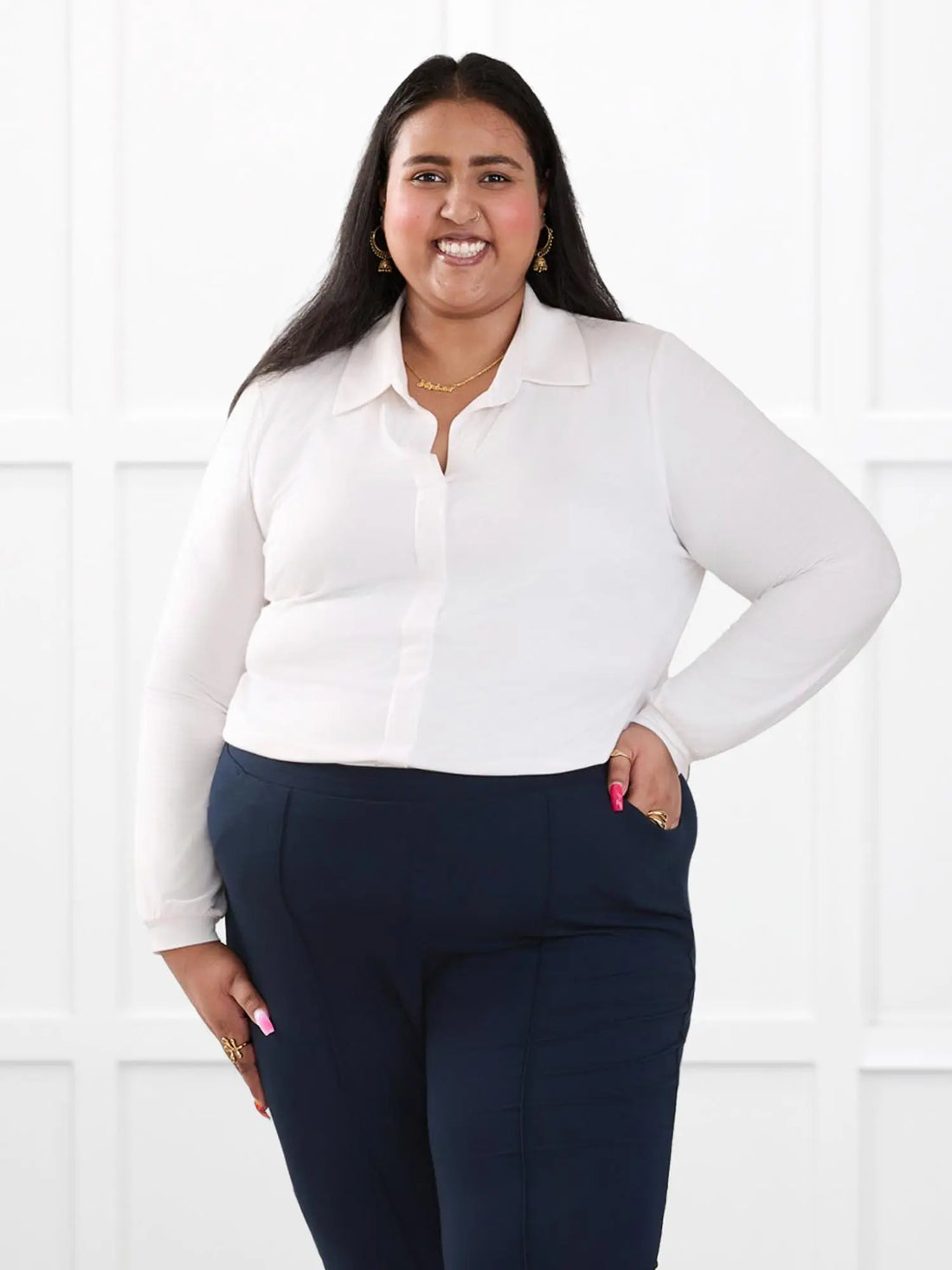 Lucia collared shirt white 00 in White on model Sureka, size 3x Regular @Sureka-3x 