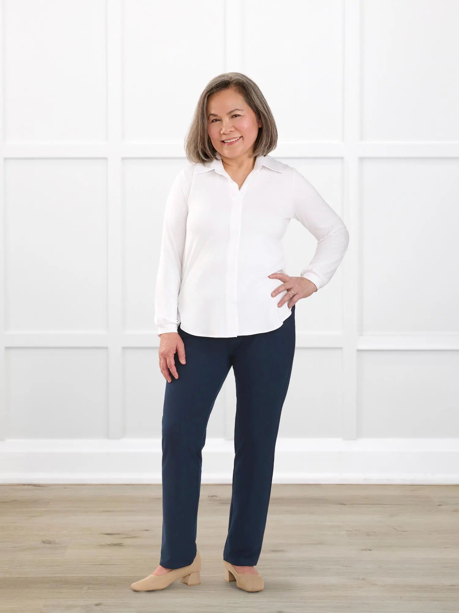 Lucia collared shirt for women in White on model Terry, size S Petite @Terry-S-petite 