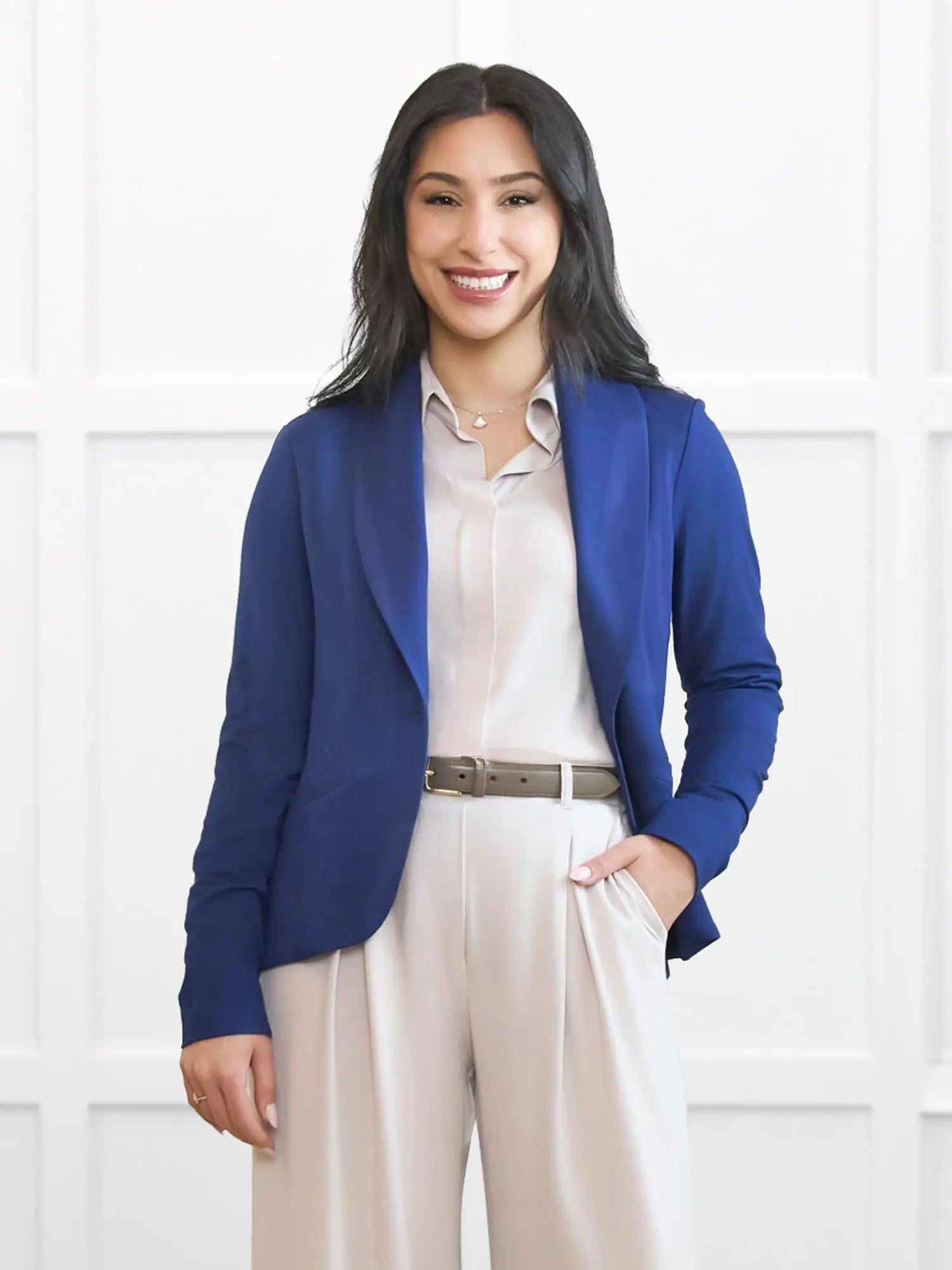 Lucia collared shirt for women in Sandstone on model Yasmine, size XS Petite @Yasmine-XS-petite 