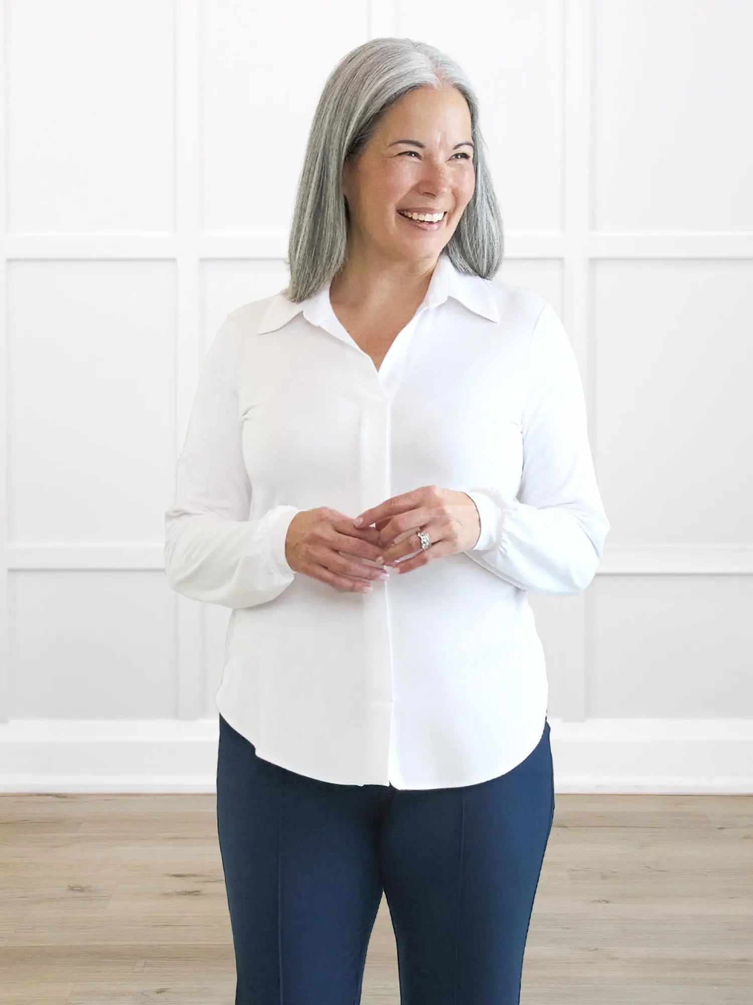 Lucia collared shirt for women in White on model Kerri, size S Regular @Kerri-S-regular 