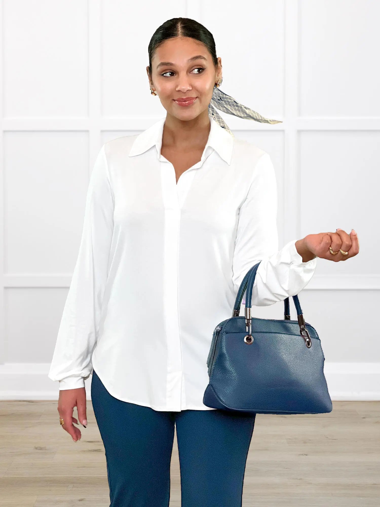 Lucia collared shirt for women in White on model Meron, size XS Regular @Meron-XS-regular 