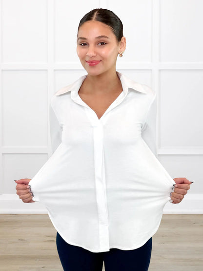 Lucia collared shirt for women in White on model Meron, size XS Regular @Meron-XS-regular 