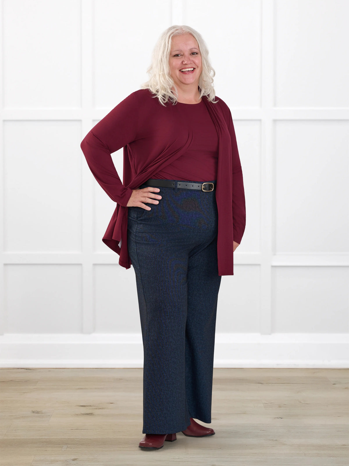 Lynn wide leg faux denim stretch jean for women in Indigo blue on model Colleen, size XXL Petite @Colleen-XXL-petite 