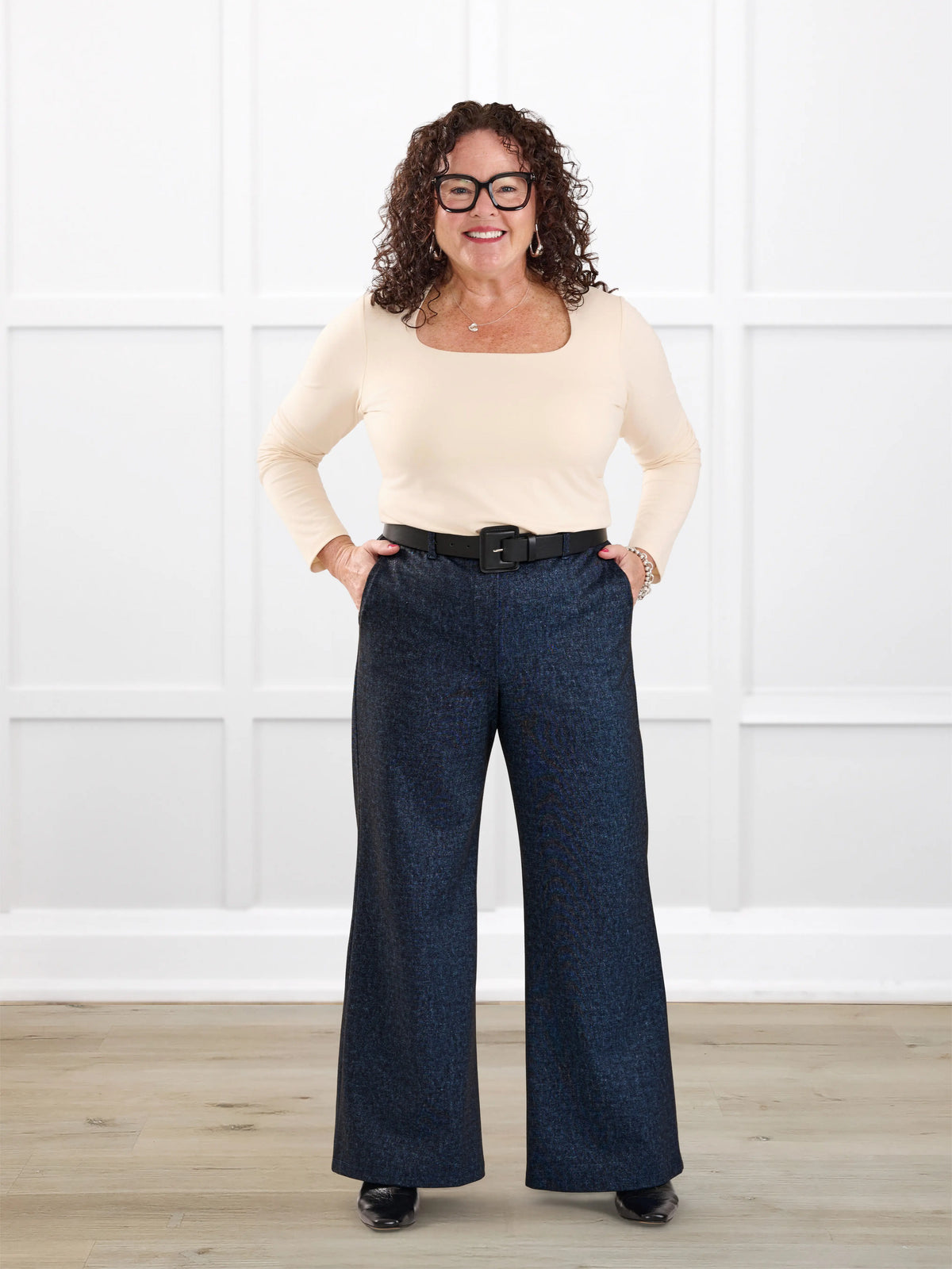 Lynn wide leg faux denim stretch jean for women in Indigo blue on model Kerri, size M Petite @Kerri-M-petite 