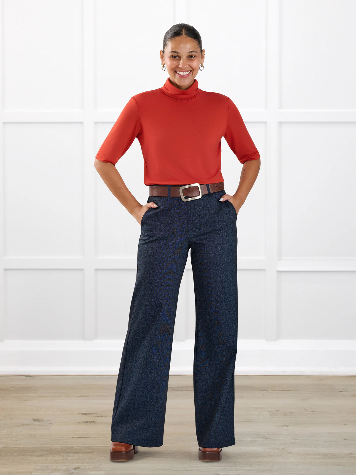 Lynn wide leg faux denim stretch jean for women in Indigo blue on model Meron, size XS Regular @Meron-XS-regular 