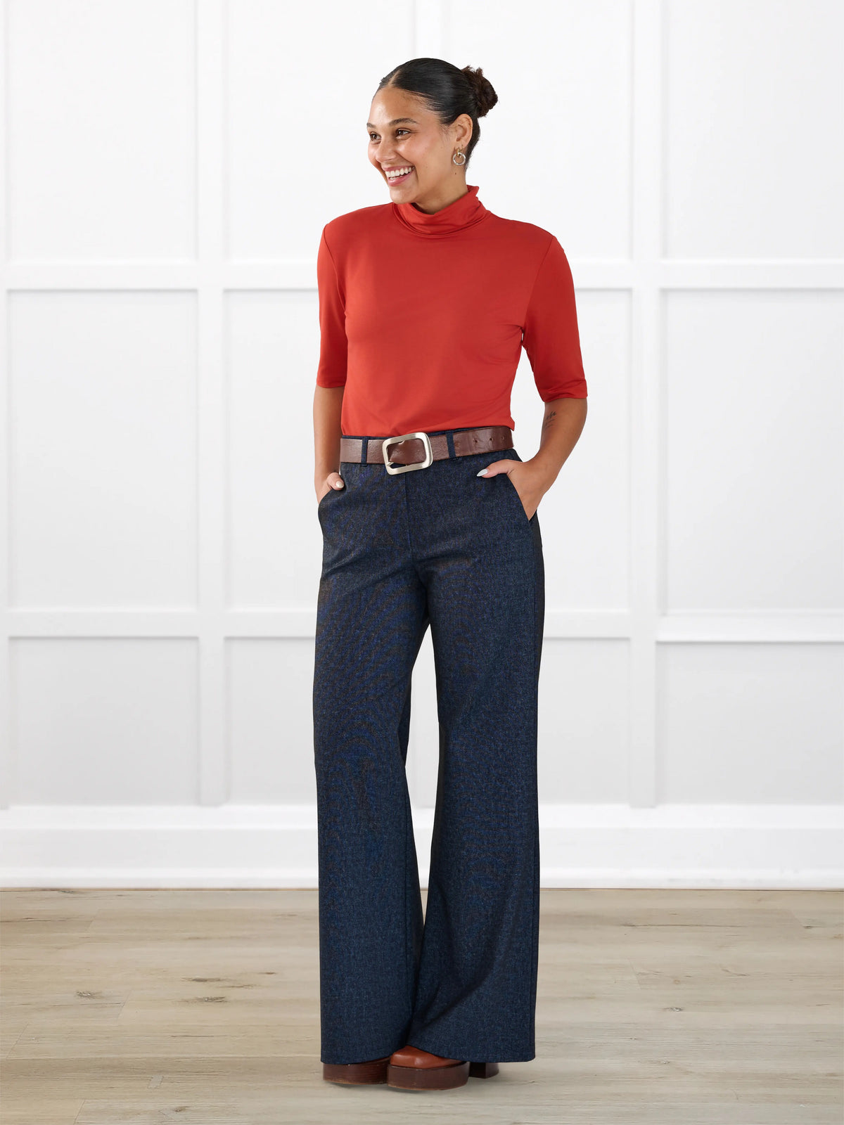 Lynn wide leg faux denim stretch jean for women in Indigo blue on model Meron, size XS Regular @Meron-XS-regular 