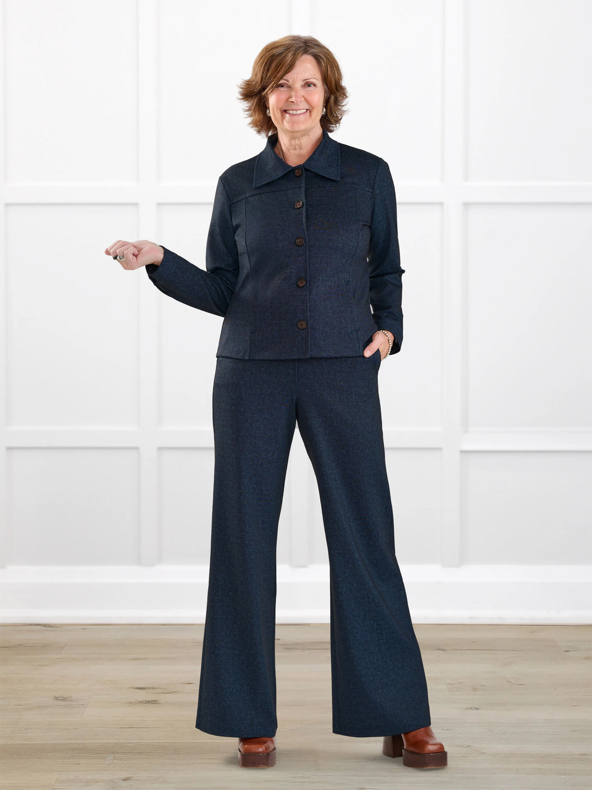 Lynn wide leg faux denim stretch jean for women in Indigo blue on model Donna, size S Regular @Donna-S-regular 