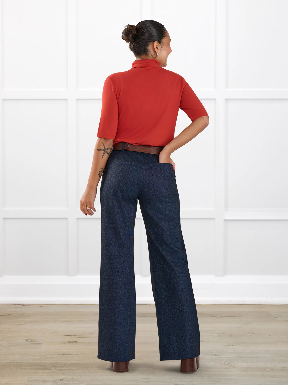 Lynn wide leg faux denim stretch jean for women in Indigo blue on model Meron, size XS Regular @Meron-XS-regular 