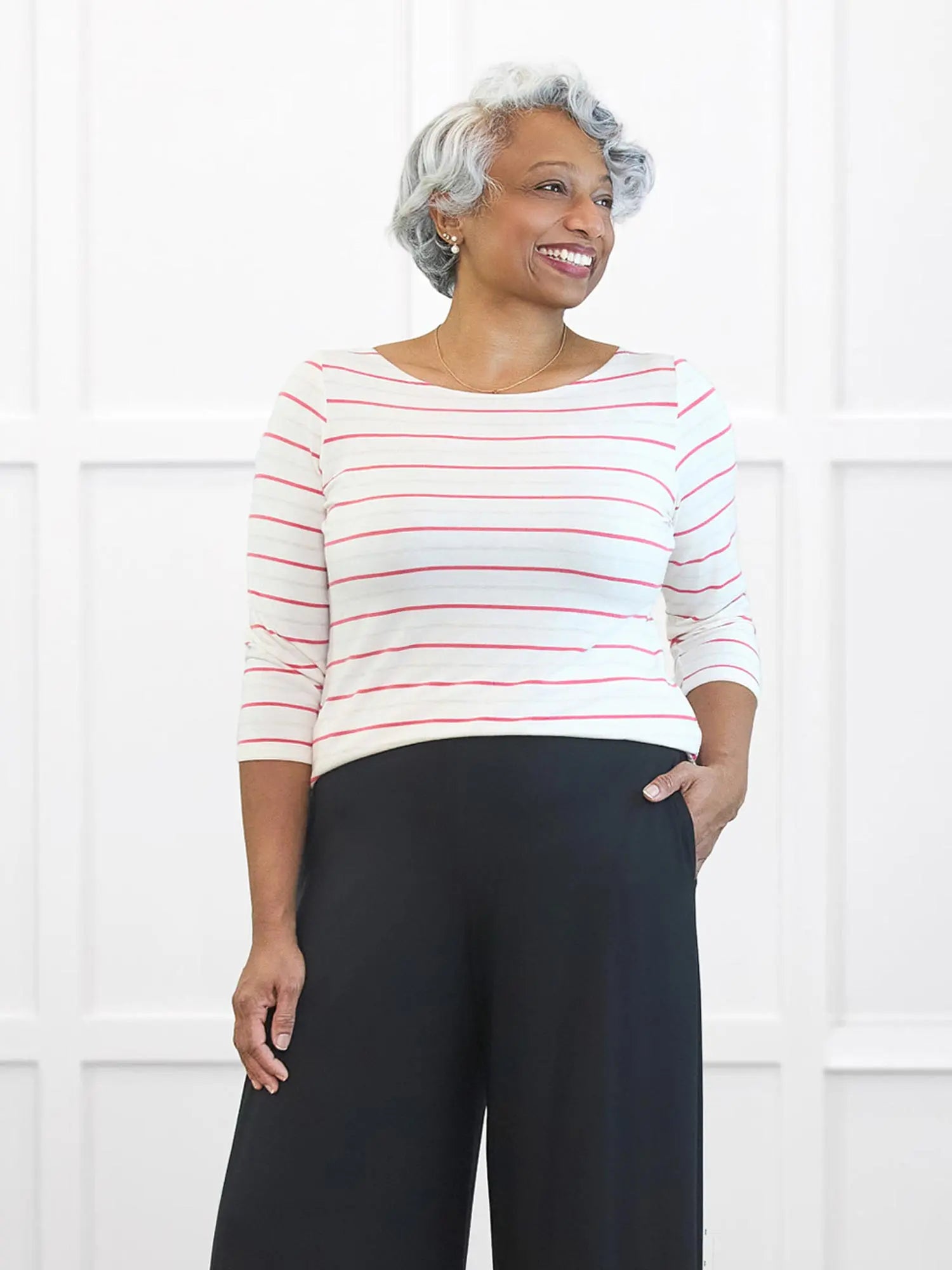 Mahala boatneck sleeve top for women in Flamingo stripe on model Keethai, size M Regular @Keethai-M-regular 