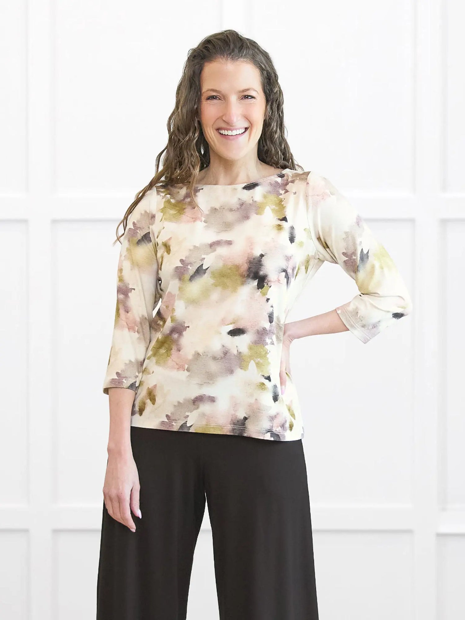 Mahala boatneck sleeve top for women in Rosewater on model Lex, size XS Petite @Lex-XS-petite 