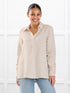 Mali linen collared top for women in Sand linen on model Meron, size XS @Meron-XS 