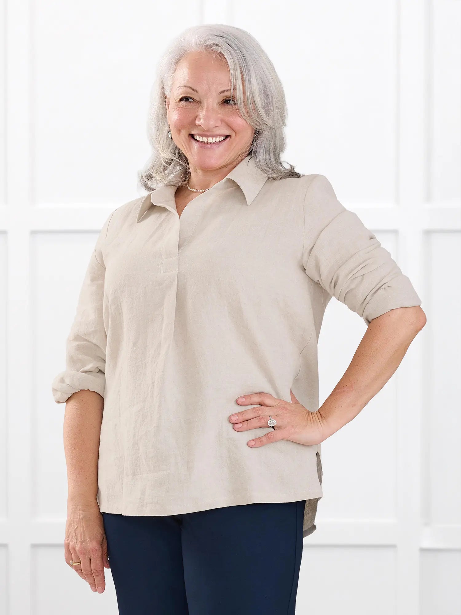 Mali linen collared top for women in Sand linen on model Rula, size L @Rula-L 