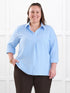 Mali linen collared top for women in Serene blue linen on model Cristina, size XXL @Cristina-XXL 