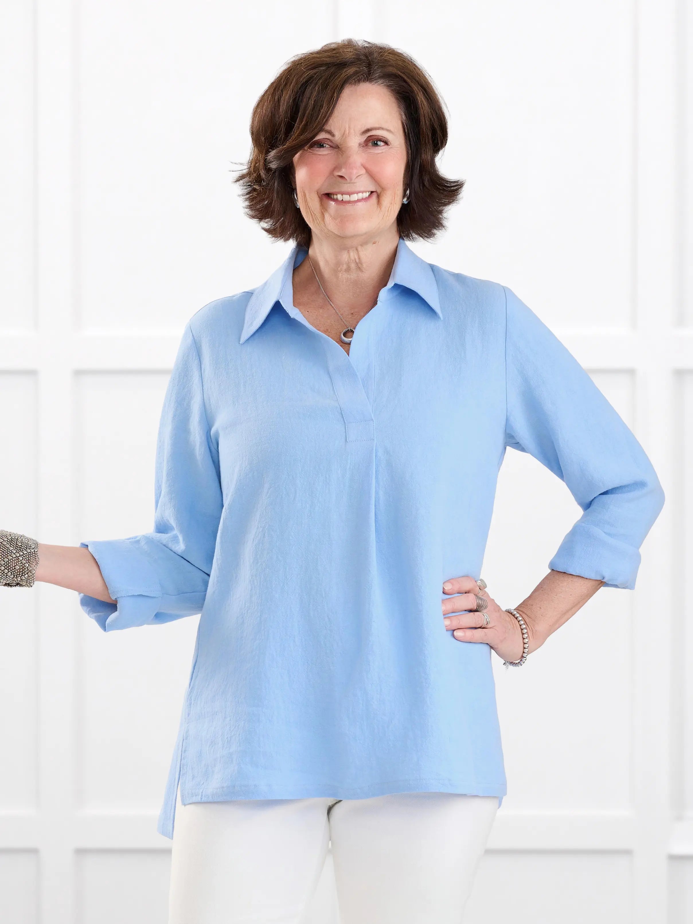 Mali linen collared top for women in Serene blue linen on model Donna, size S @Donna-S 