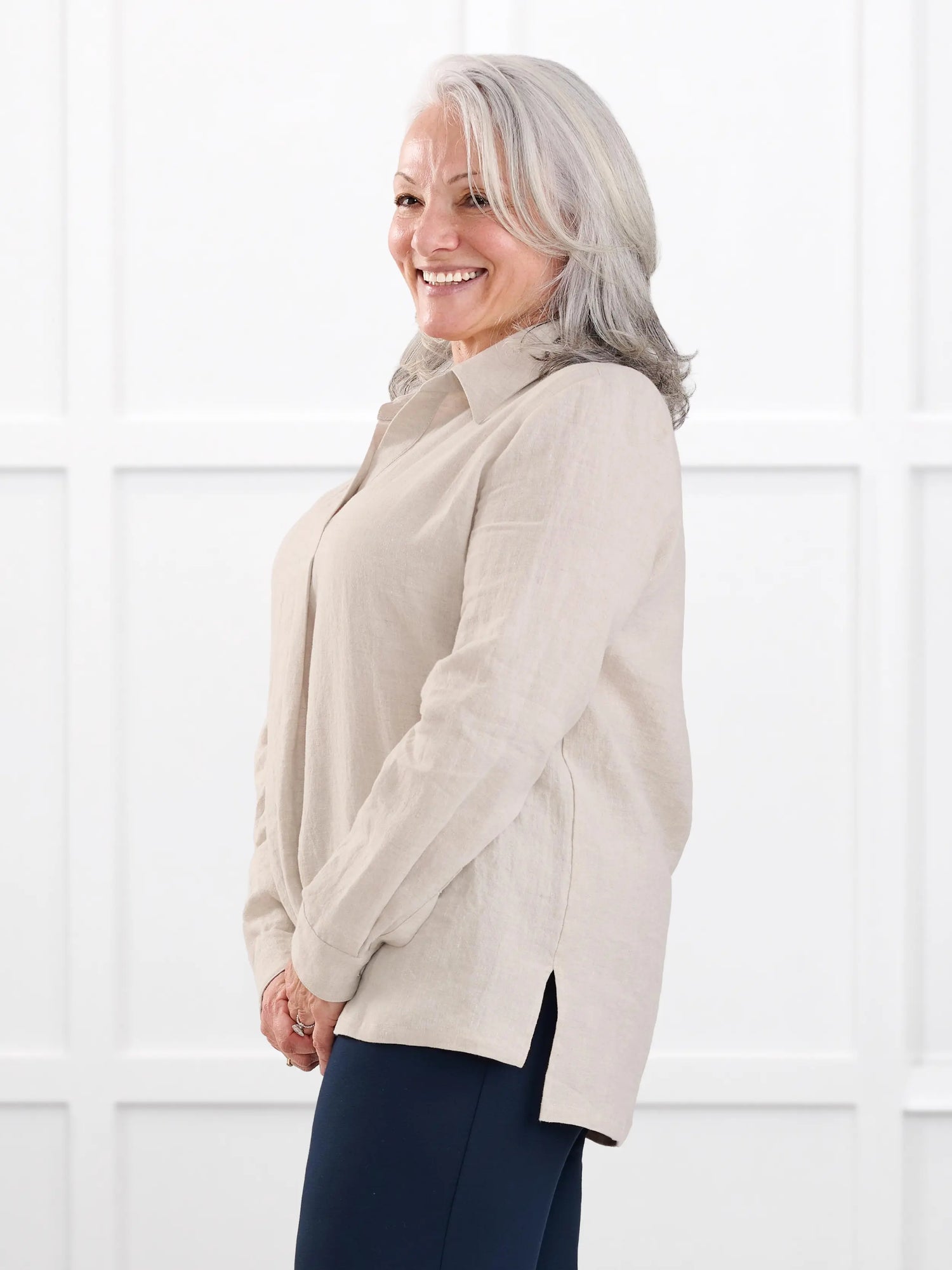Mali linen collared top for women in Sand linen on model Rula, size L @Rula-L 