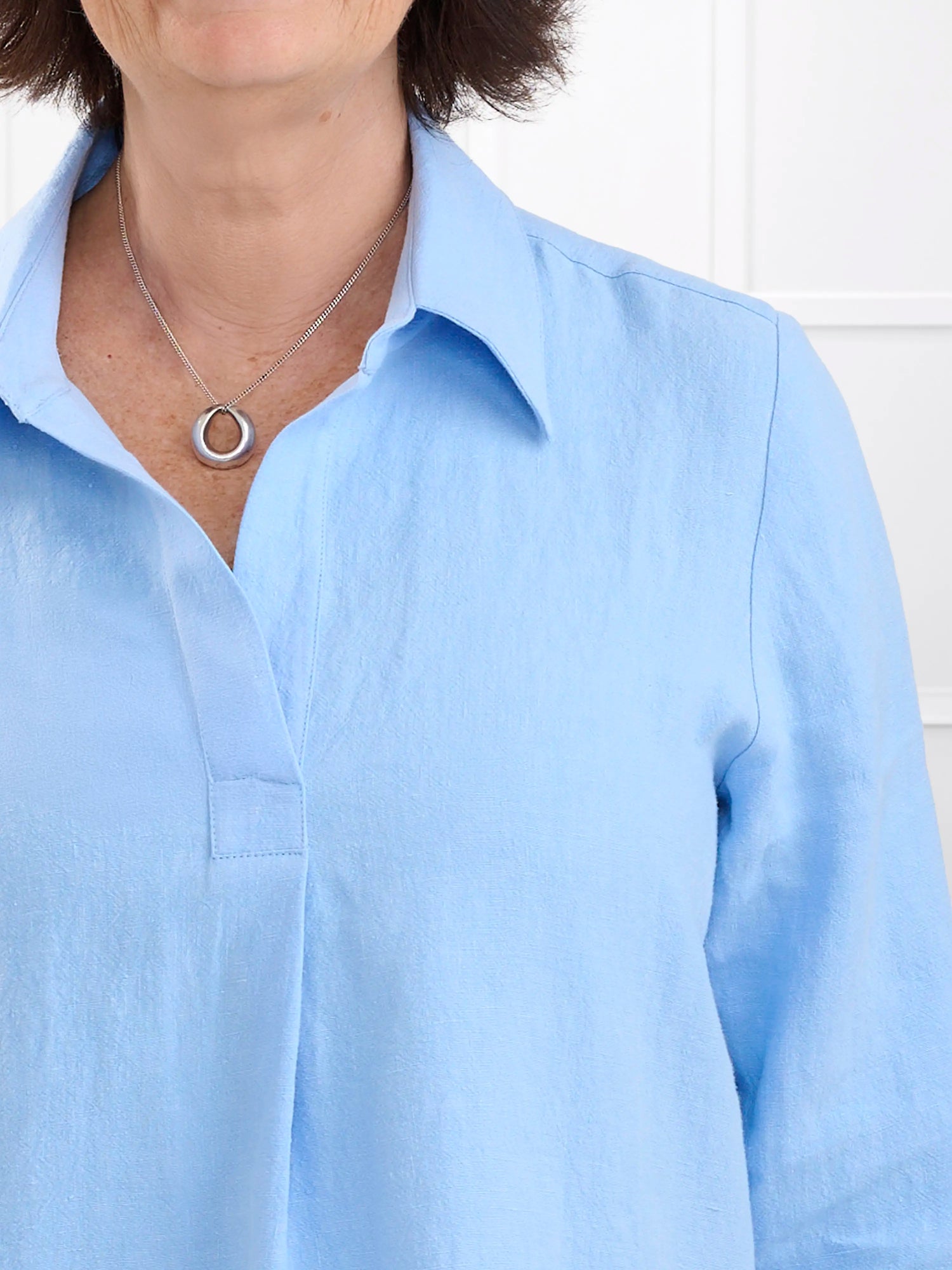 Mali linen collared top for women in Serene blue linen 