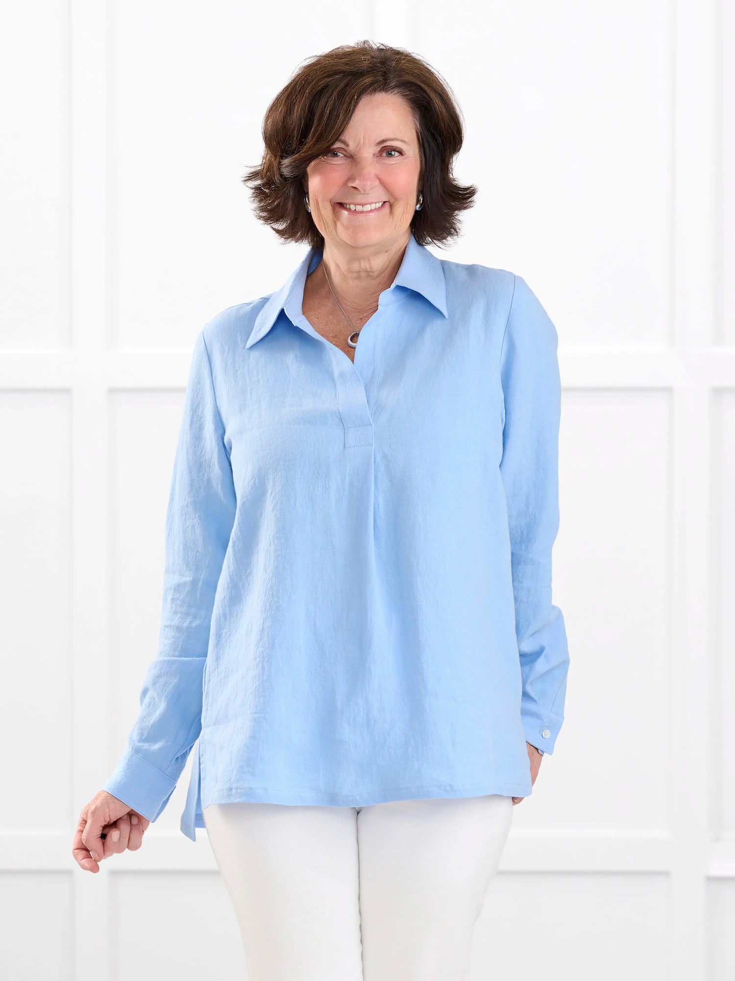 Mali linen collared top for women in Serene blue linen on model Donna, size S @Donna-S 