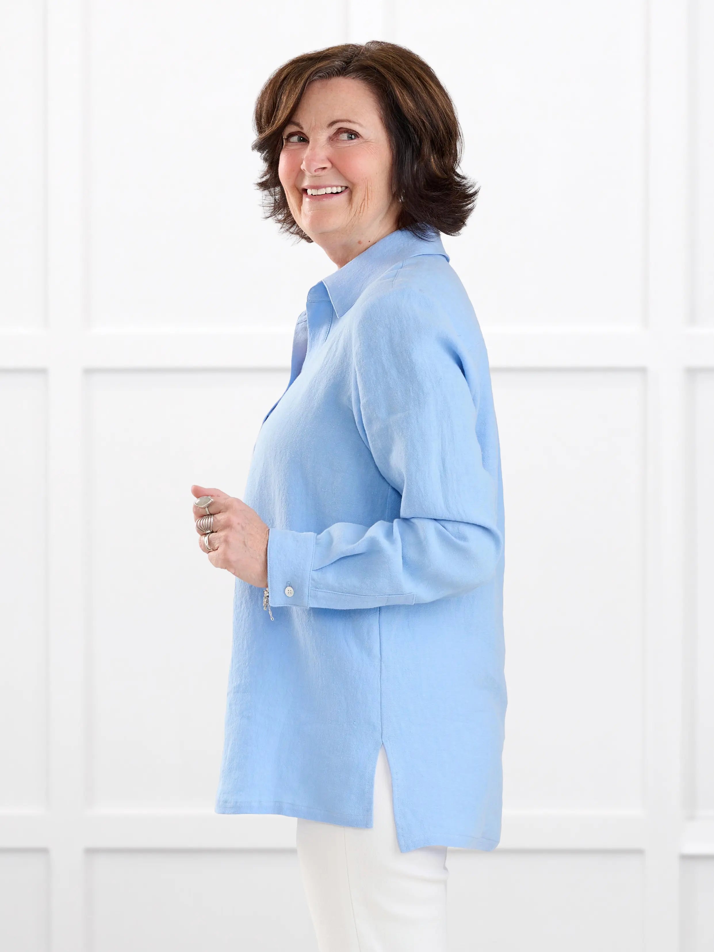 Mali linen collared top for women in Serene blue linen on model Donna, size S @Donna-S 
