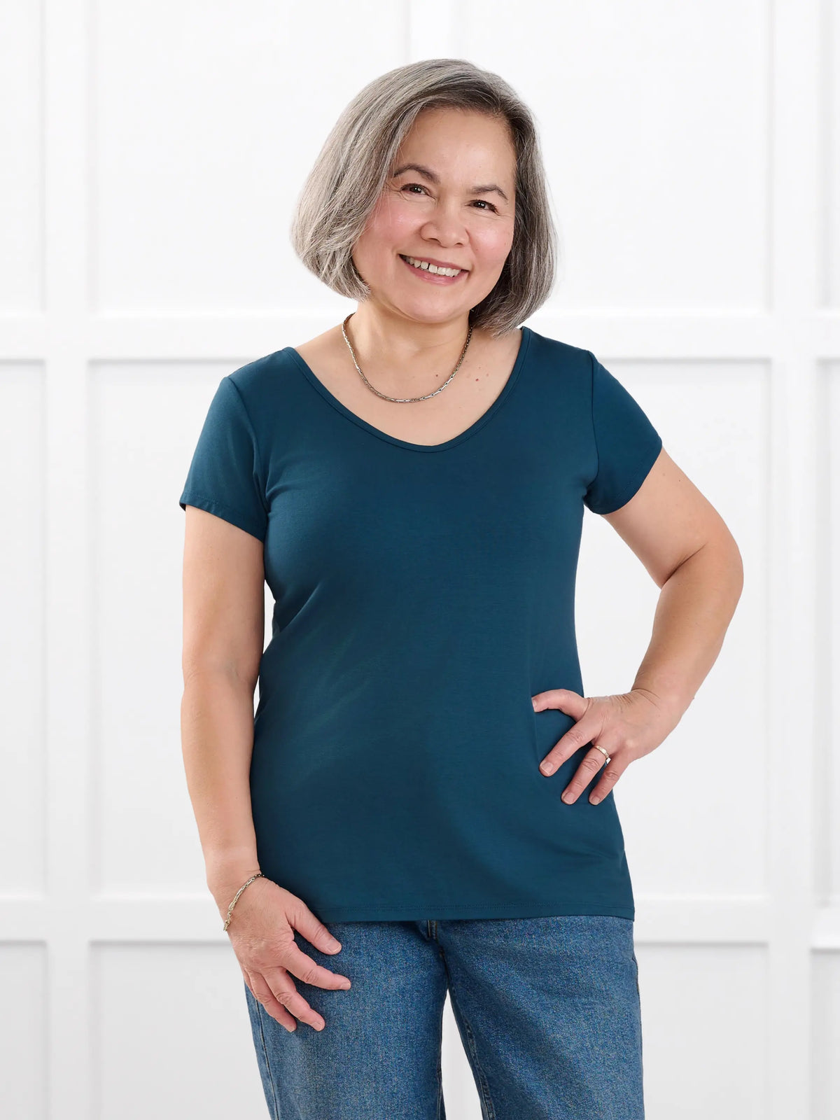Marianna reversible neckline classic tee for women in Atlantic on model Terry, size S @Terry-S 