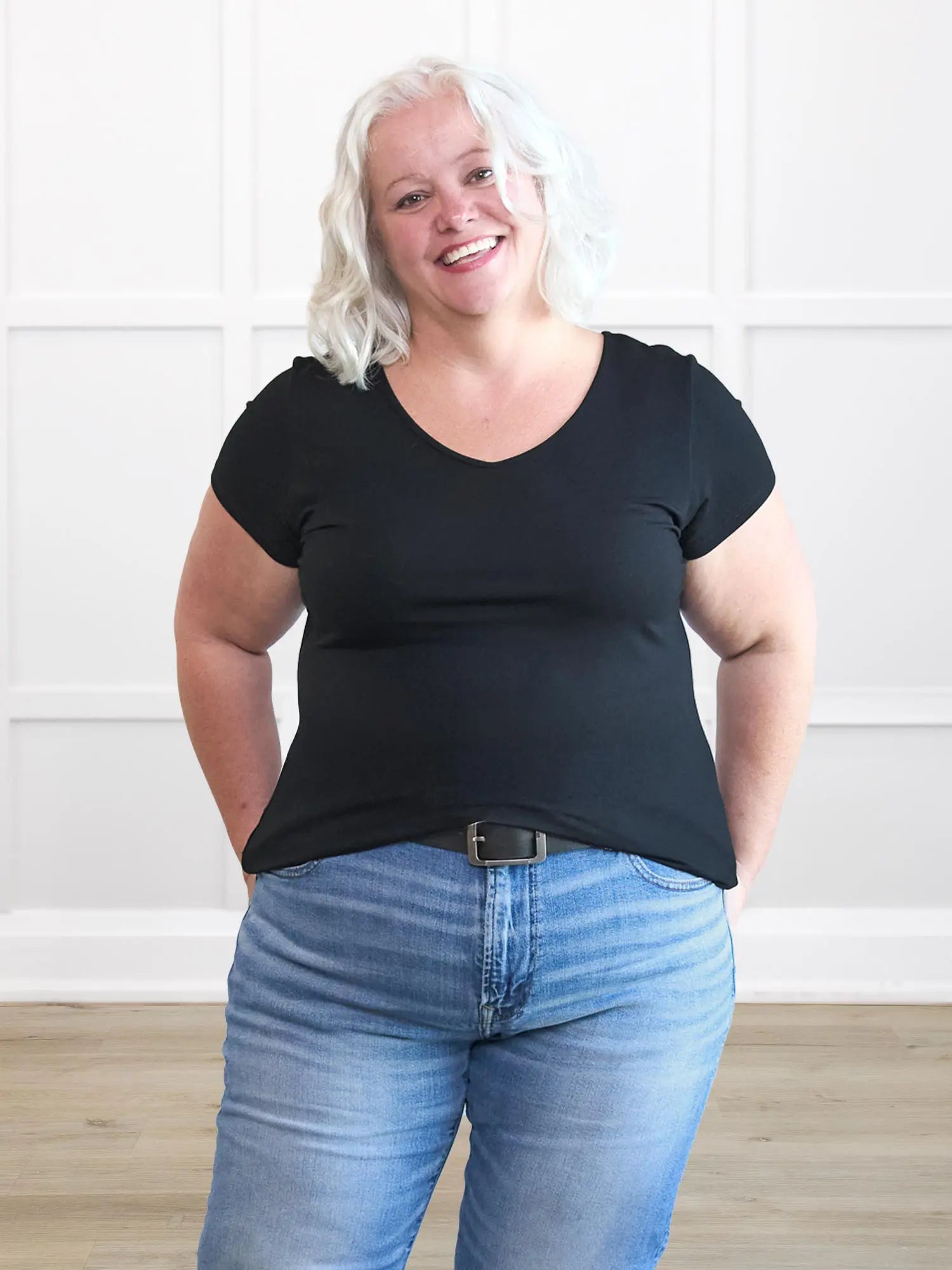 Marianna reversible neckline classic tee for women in Black on model Colleen, size XXL @Colleen-XXL 