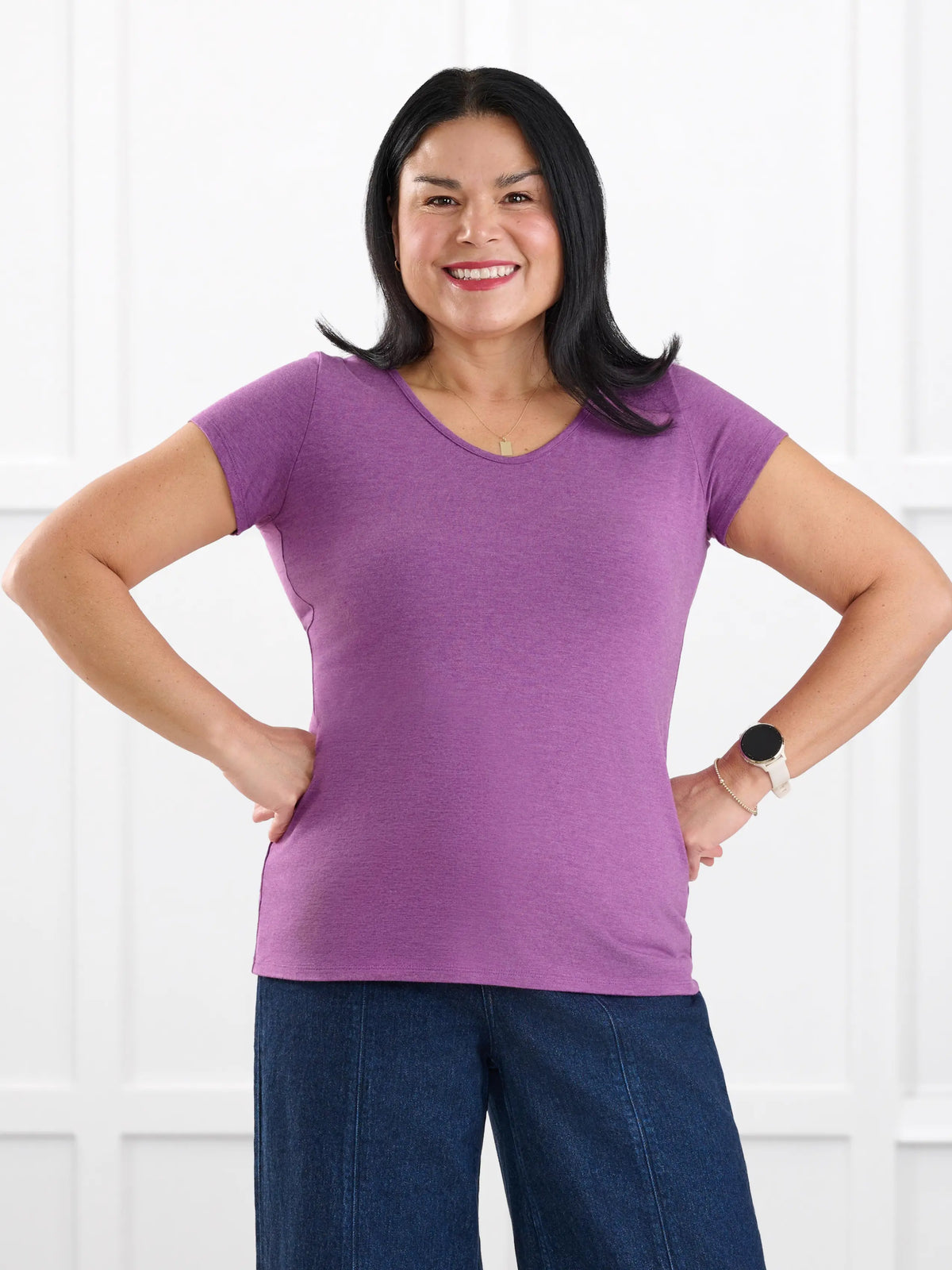 Marianna reversible neckline classic tee for women in Lupin melange on model Jenn, size M @Jenn-M 