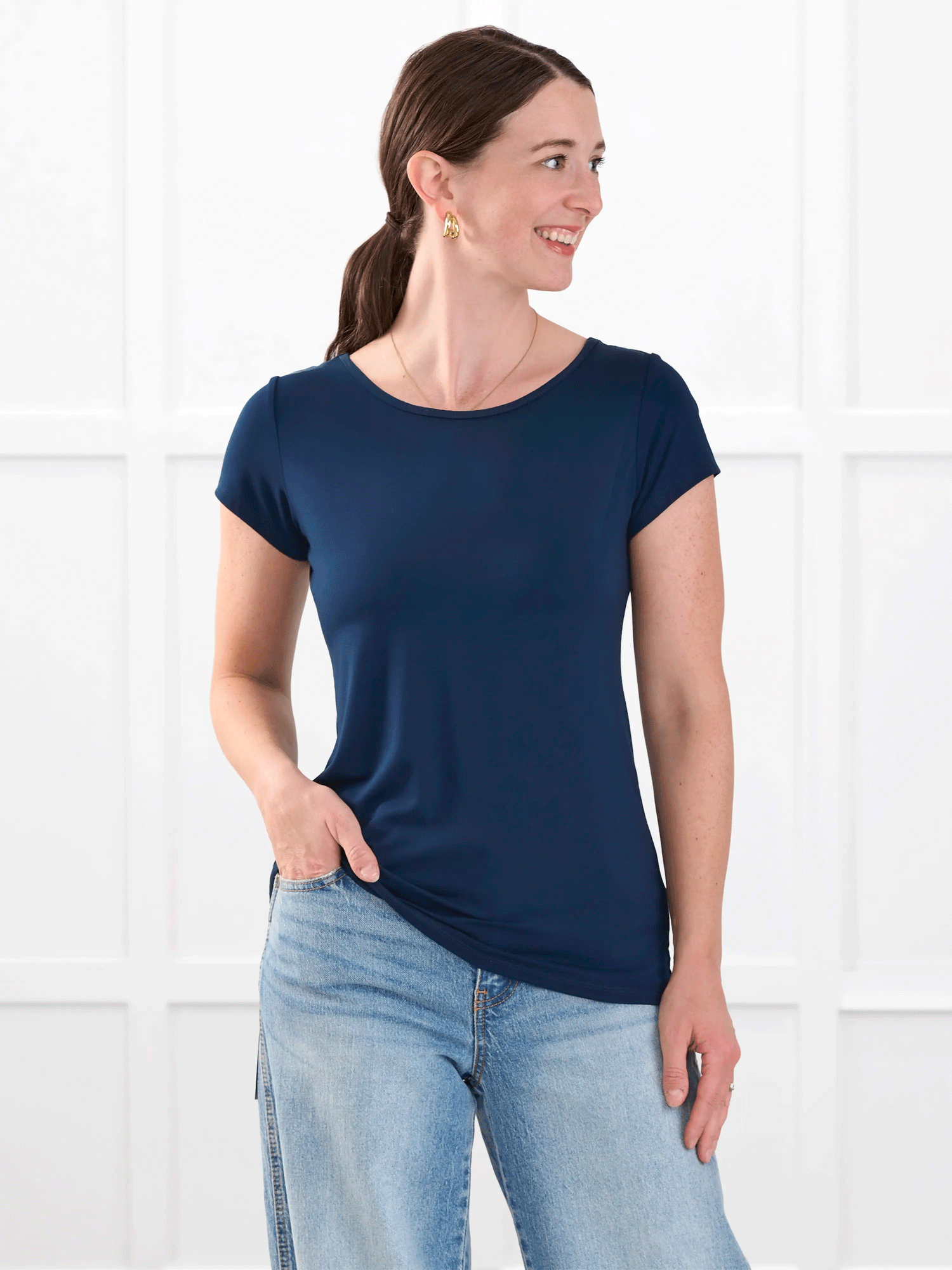 Marianna reversible neckline classic tee for women in Navy on model Jo, size XS @Jo-XS 