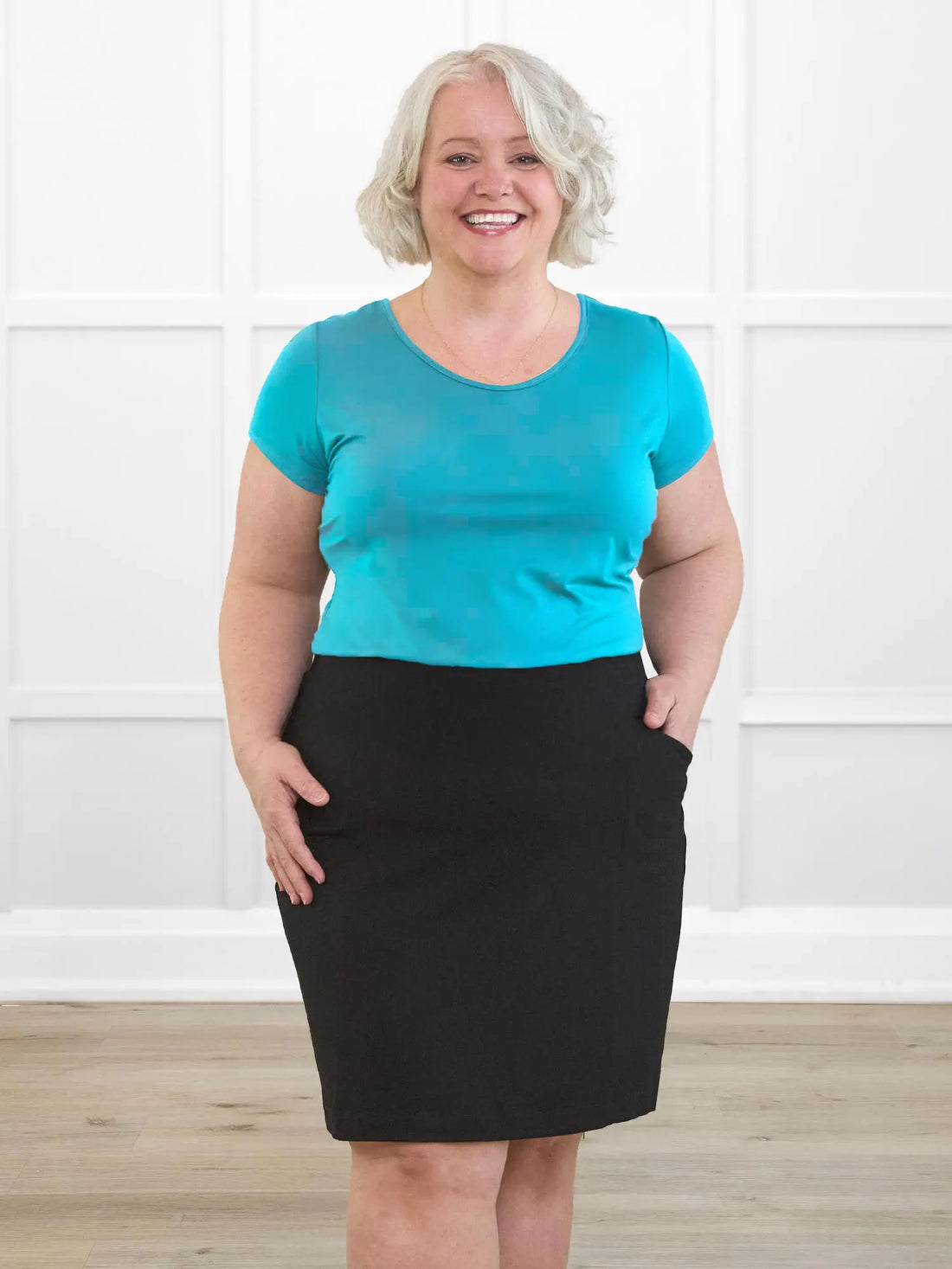Marianna reversible neckline classic tee for women 00 in Sea glass on model Colleen, size XXL @Colleen-XXL 