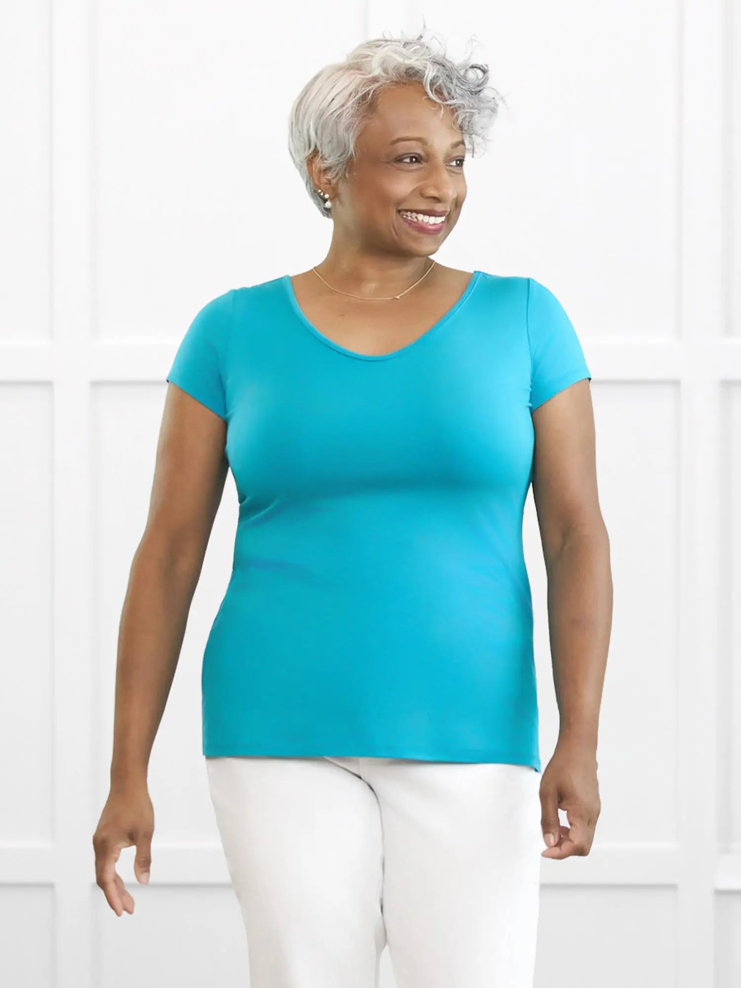 Marianna reversible neckline classic tee for women 00 in Sea glass on model Keethai, size M @Keethai-M 