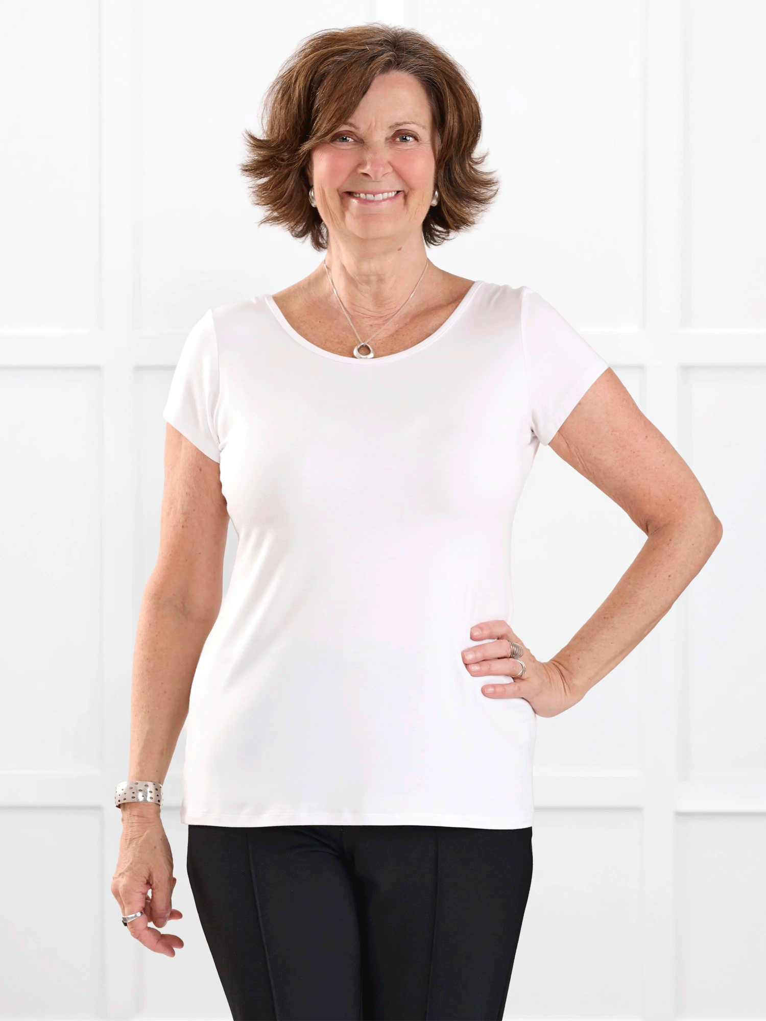 Marianna reversible neckline classic tee for women in White on model Donna, size S @Donna-S 