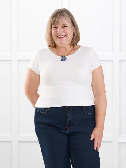 Marianna reversible neckline classic tee for women in White on model Laurie, size XXL @Laurie-XXL 