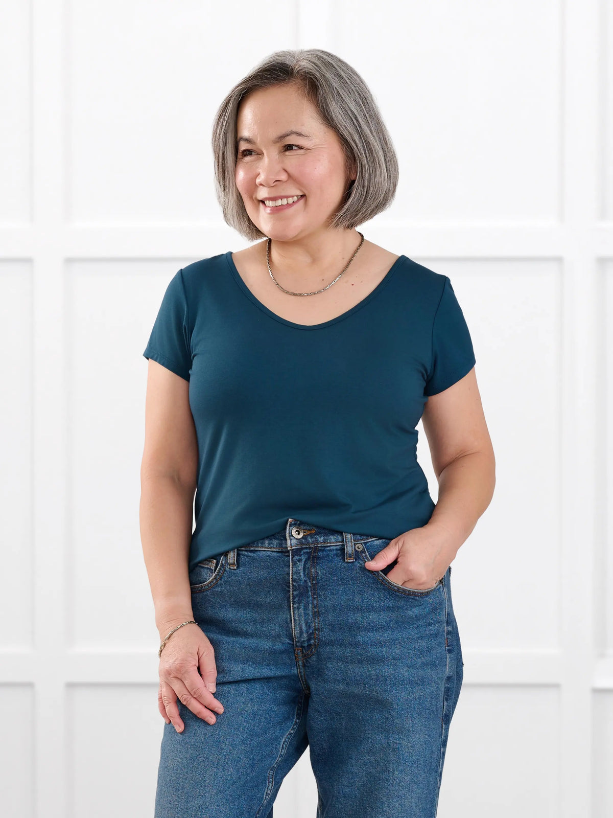 Marianna reversible neckline classic tee for women in Atlantic on model Terry, size S @Terry-S 