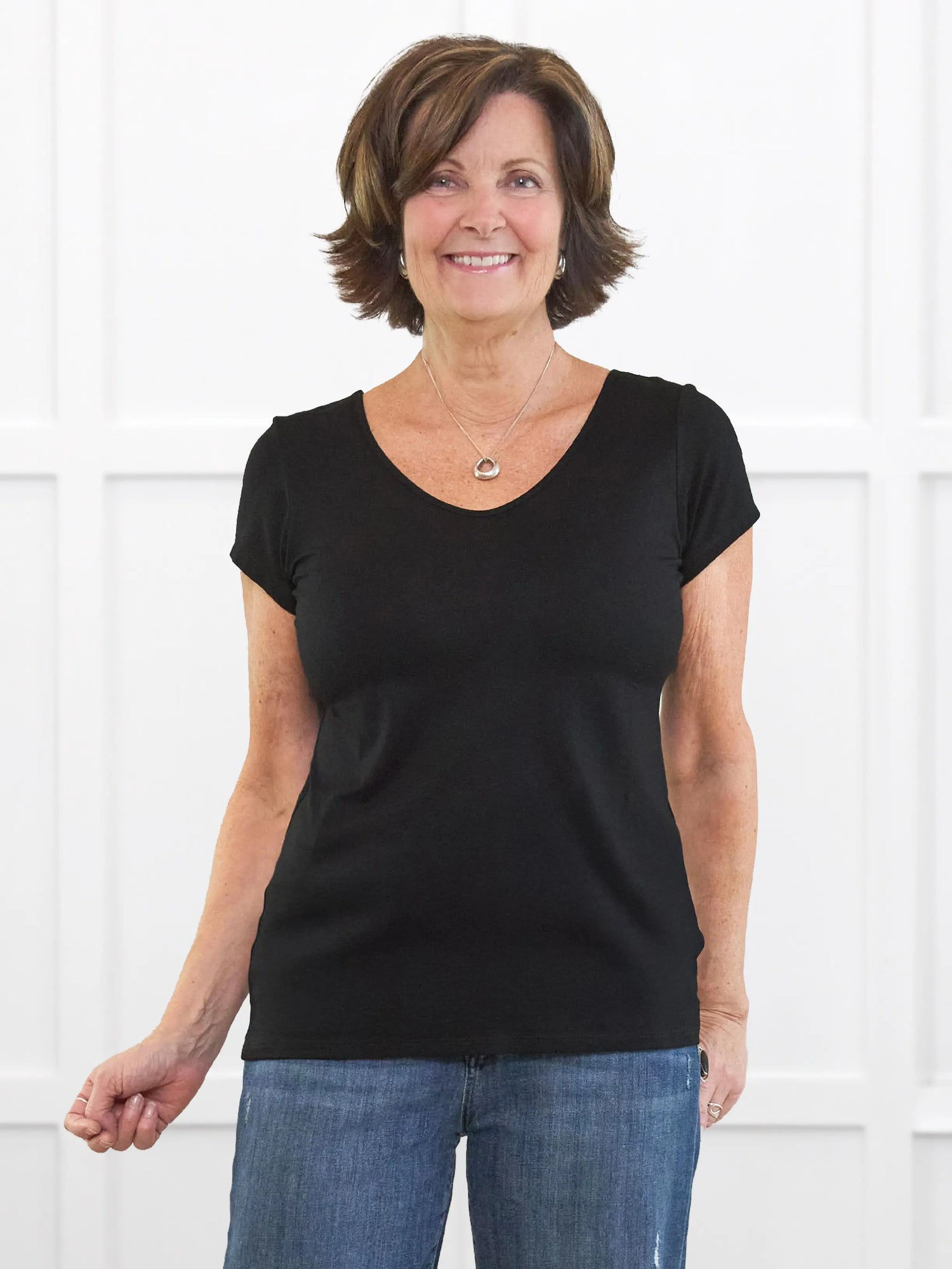 Marianna reversible neckline classic tee for women in Black on model Donna, size S @Donna-S 