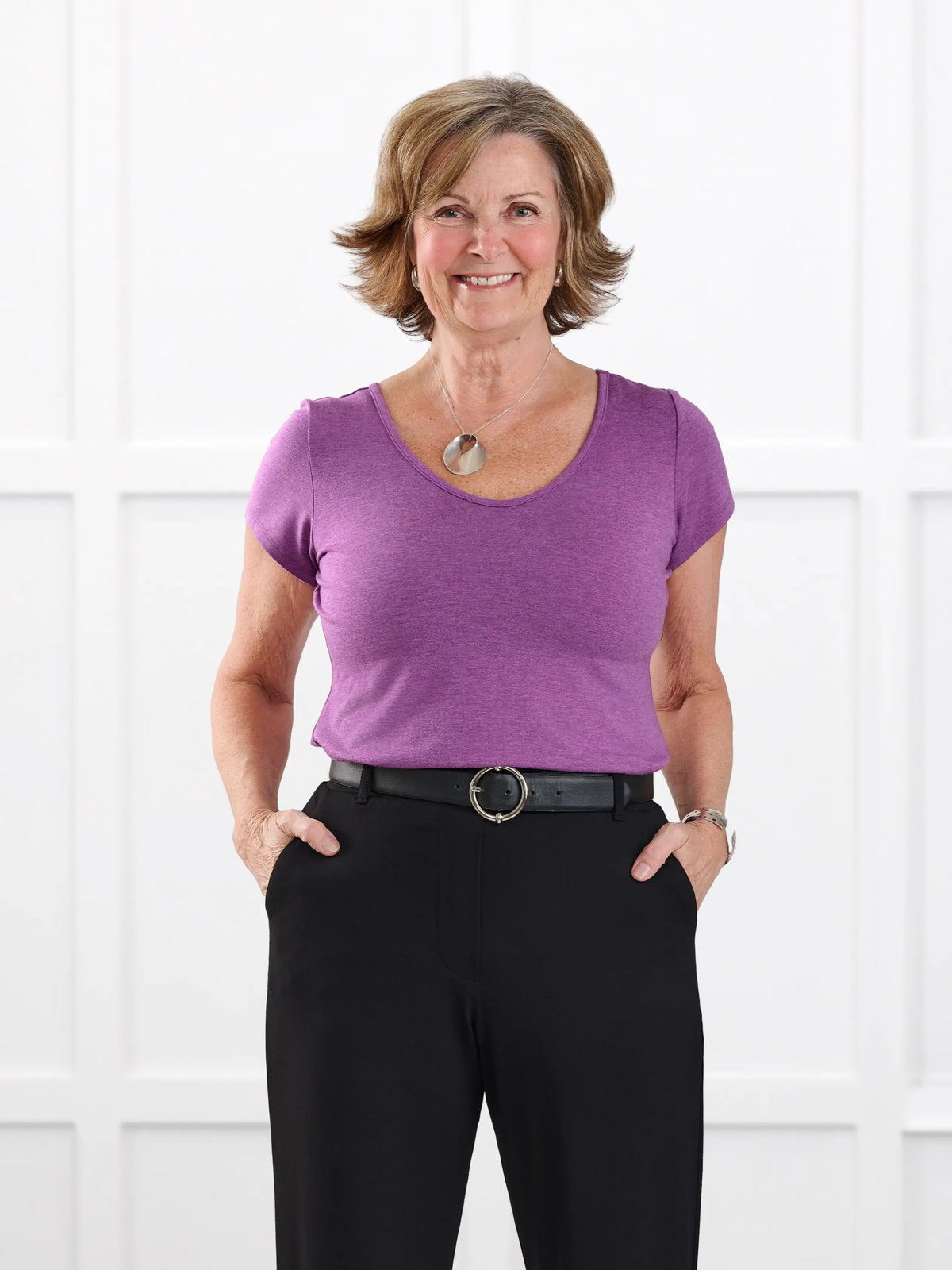 Marianna reversible neckline classic tee for women in Lupin melange on model Donna, size S @Donna-S 