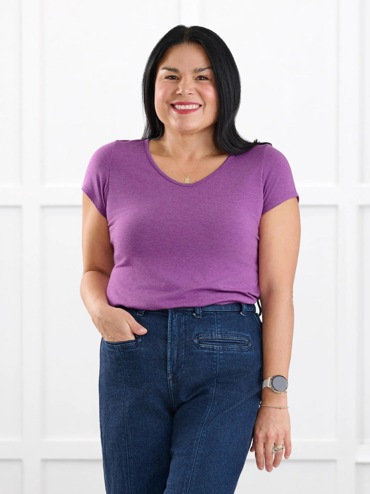 Marianna reversible neckline classic tee for women in Lupin melange on model Jenn, size M @Jenn-M 